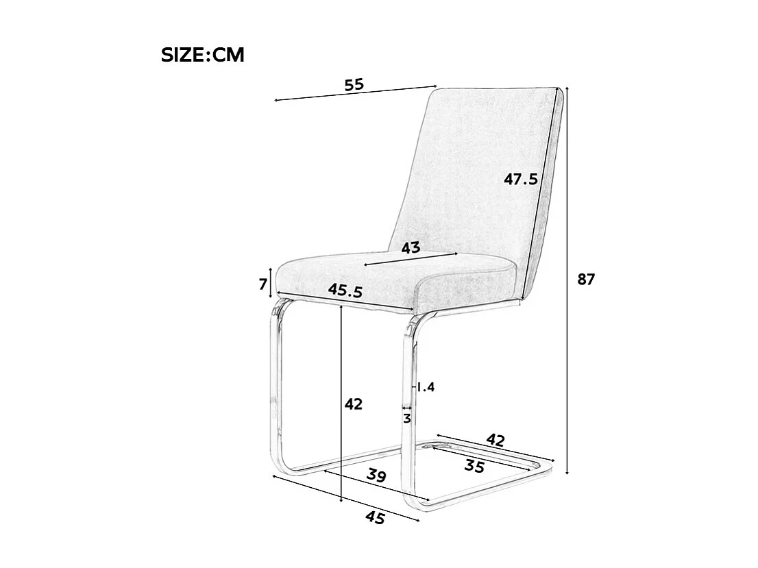 Lot de 4 chaises cantilever en velours et métal argenté, conception de diamant, charge max 150kg, 55x45x87cm, Beige