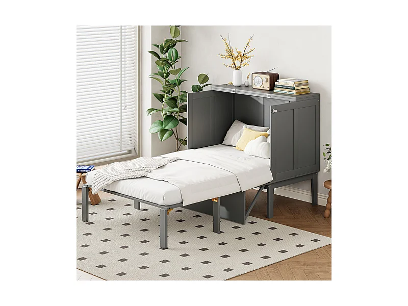 Lit escamotable 90x200 cm en bois - avec sommier à lattes - charge max 150kg - Gris