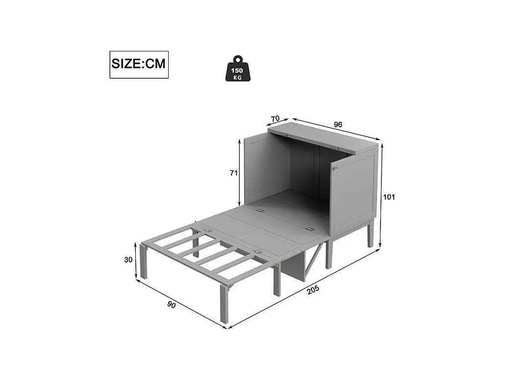 Lit escamotable 90x200 cm en bois - avec sommier à lattes - charge max 150kg - Gris