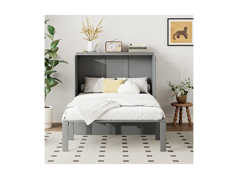 Lit escamotable 90x200 cm en bois - avec sommier à lattes - charge max 150kg - Gris