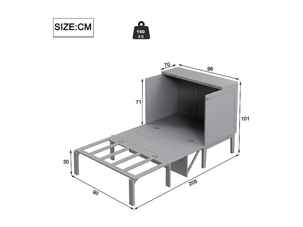 Lit escamotable 90x200 cm en bois - avec sommier à lattes - charge max 150kg - Gris