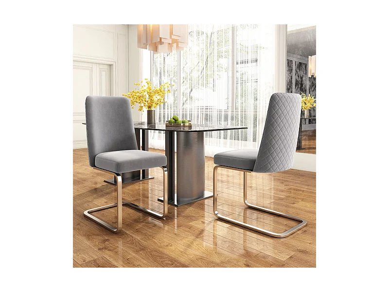 Lot de 2 chaises cantilever en velours et métal argenté, conception de diamant, charge max 150kg, 55x45x87cm, Gris