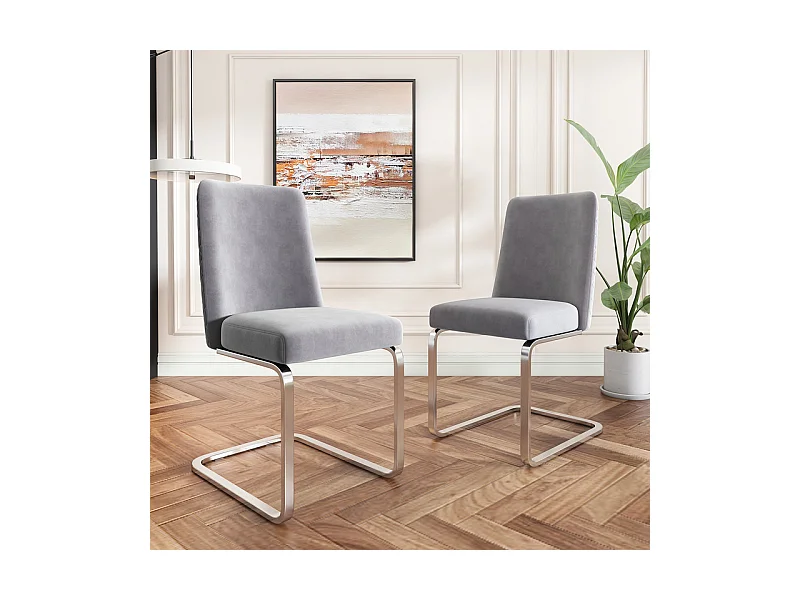 Lot de 2 chaises cantilever en velours et métal argenté, conception de diamant, charge max 150kg, 55x45x87cm, Gris