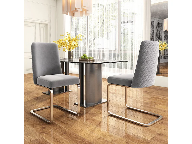 Lot de 2 chaises cantilever en velours et métal argenté, conception de diamant, charge max 150kg, 55x45x87cm, Gris