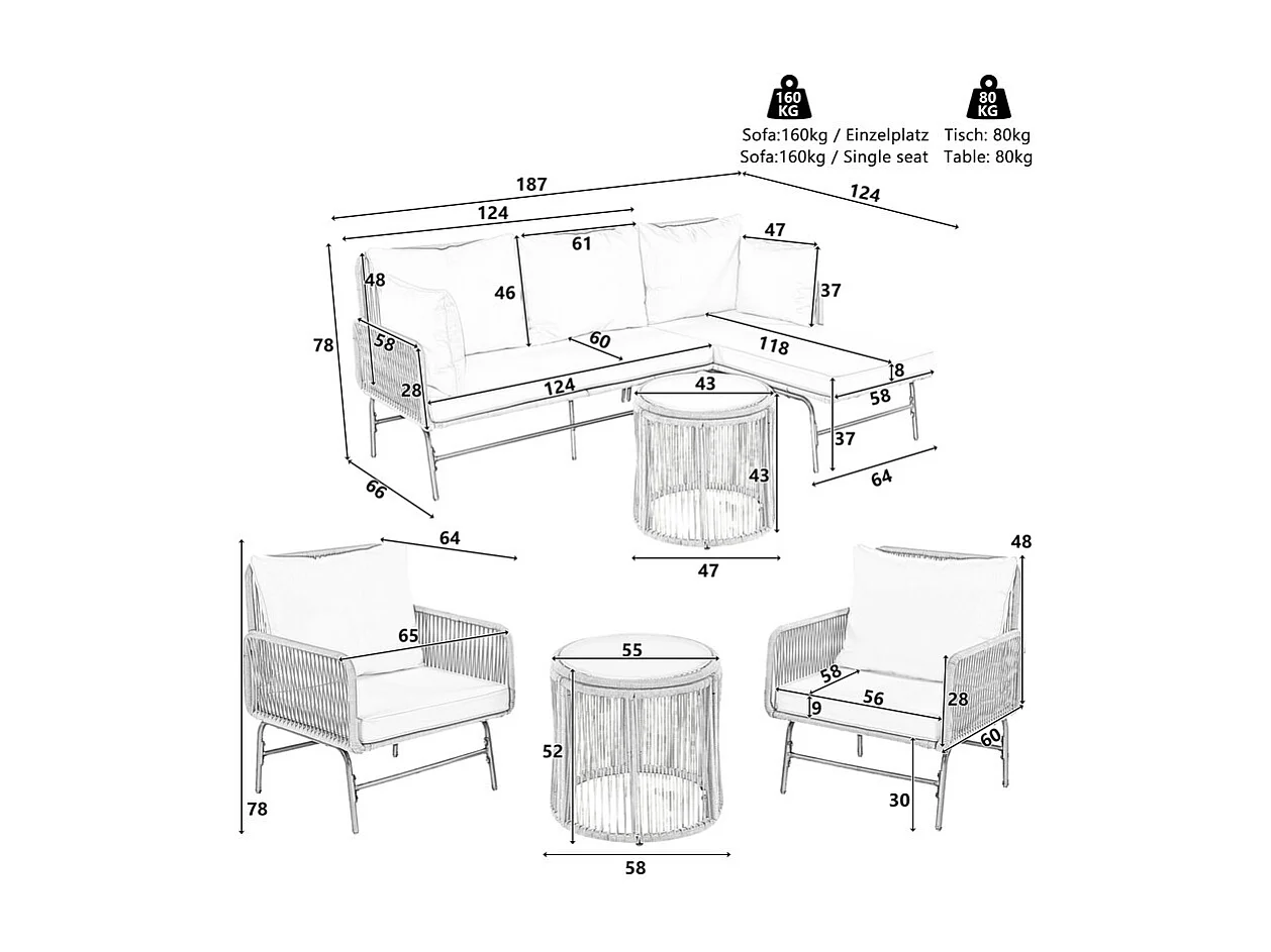 Garten-Set aus Eisen und Seil: 2 Sofas, 2 Sessel und 2 Beistelltische - Mit Kissen - Beige