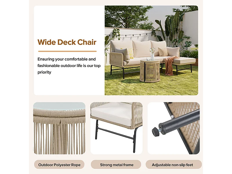 Garten-Set aus Eisen und Seil: 2 Sofas, 2 Sessel und 2 Beistelltische - Mit Kissen - Beige