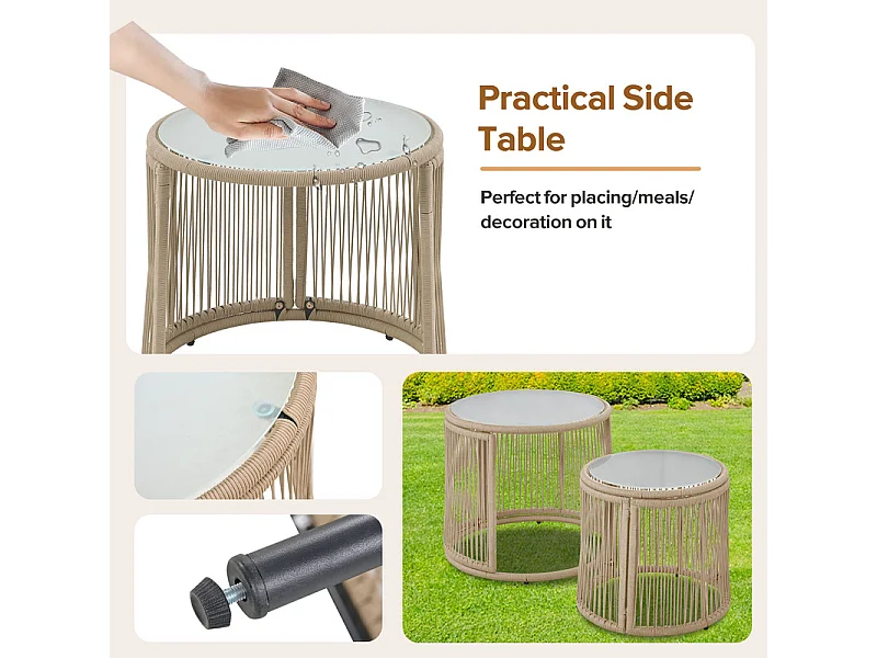 Garten-Set aus Eisen und Seil: 2 Sofas, 2 Sessel und 2 Beistelltische - Mit Kissen - Beige