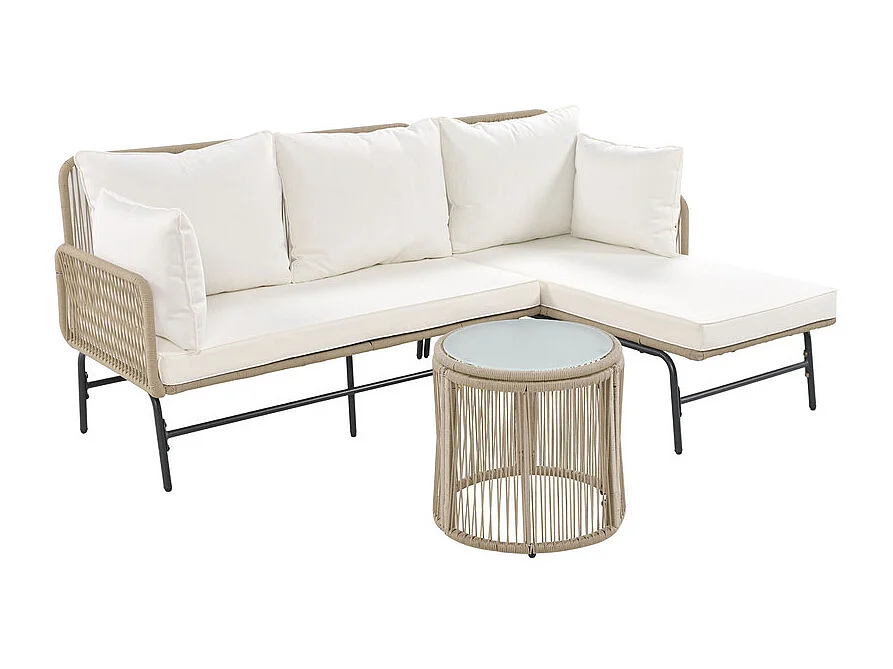 Garten-Set aus Eisen und Seil: 2 Sofas, 2 Sessel und 2 Beistelltische - Mit Kissen - Beige