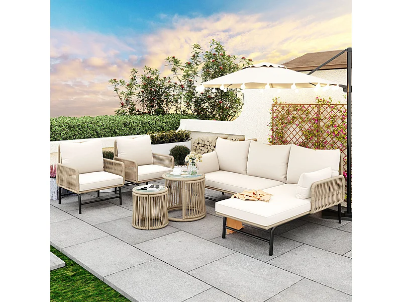 Garten-Set aus Eisen und Seil: 2 Sofas, 2 Sessel und 2 Beistelltische - Mit Kissen - Beige