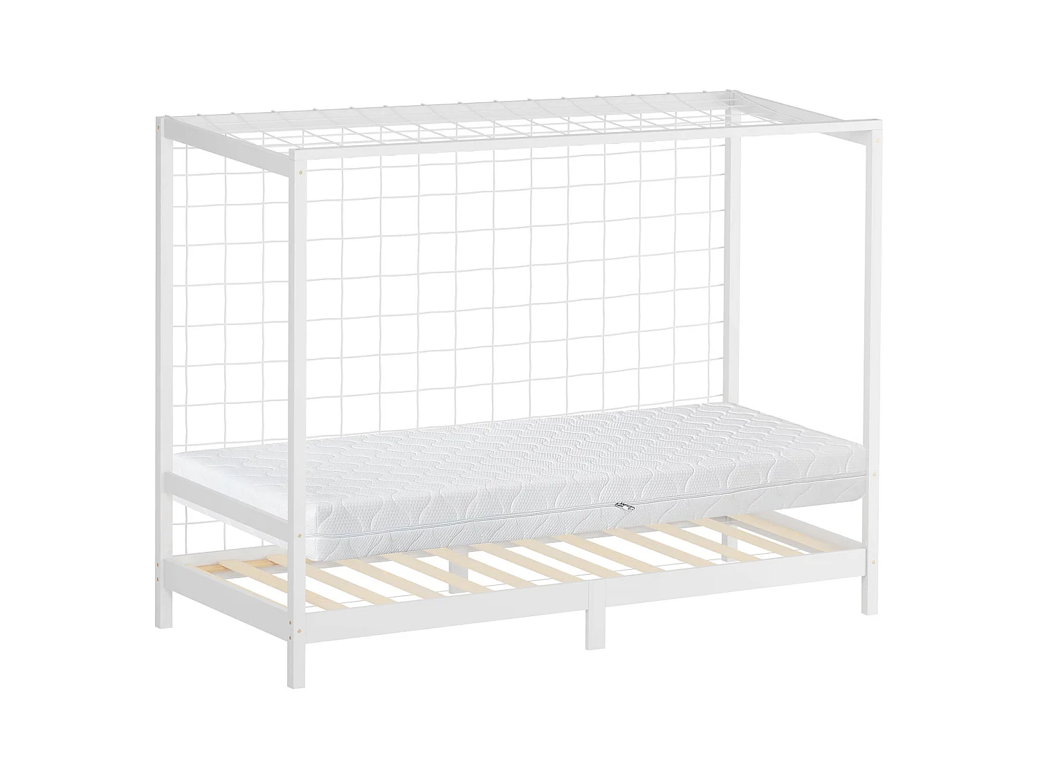 Lit d'enfant 90x200 cm avec matelas H16 cm en mousse cadre blanc en bois design football pin massif robuste avec sommier à lattes et filet de but