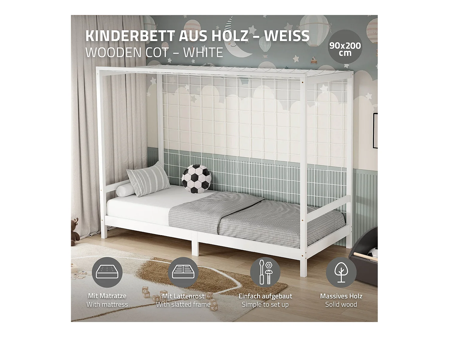 Lit d'enfant 90x200 cm avec matelas H16 cm en mousse cadre blanc en bois design football pin massif robuste avec sommier à lattes et filet de but