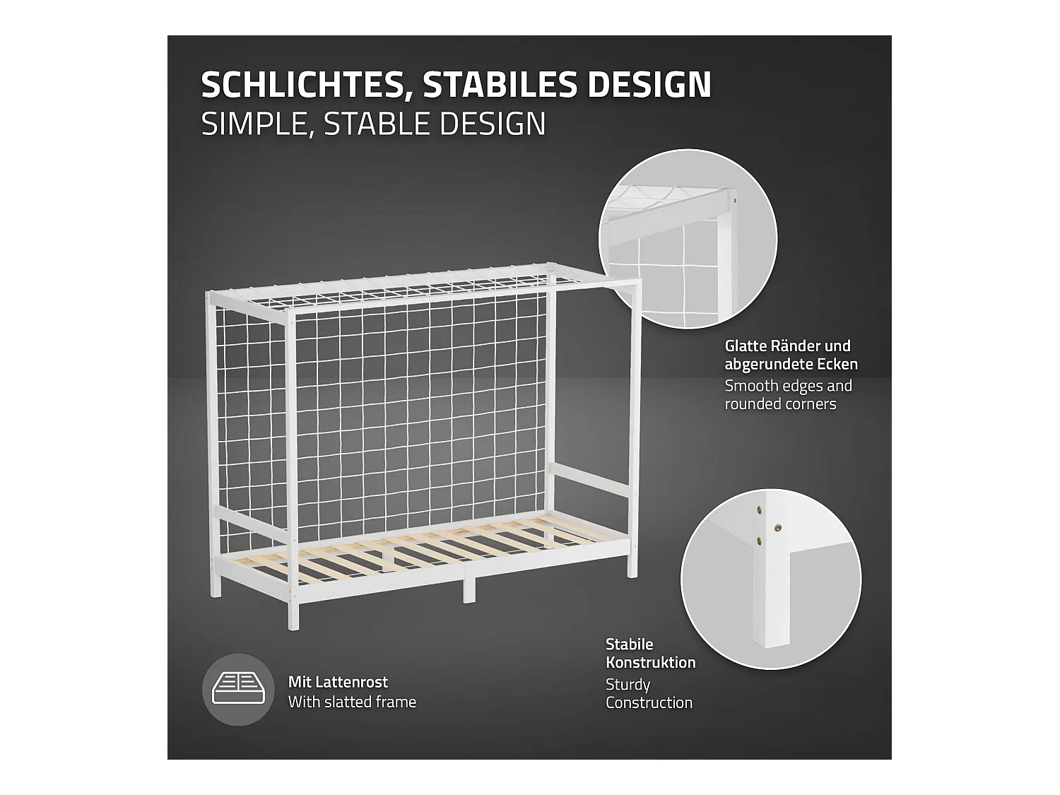 Lit d'enfant 90x200 cm avec matelas H16 cm en mousse cadre blanc en bois design football pin massif robuste avec sommier à lattes et filet de but