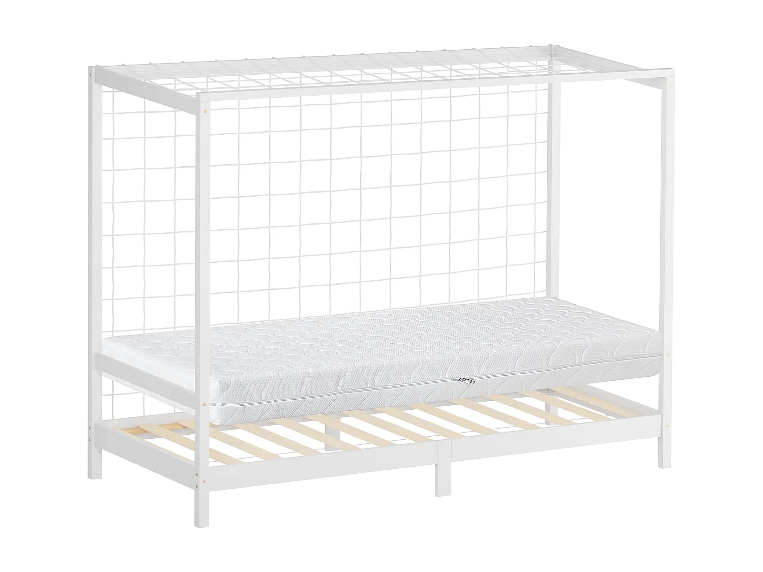 Lit d'enfant 90x200 cm avec matelas H16 cm en mousse cadre blanc en bois design football pin massif robuste avec sommier à lattes et filet de but