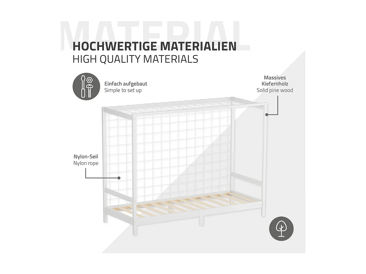 Lit d'enfant 90x200 cm avec matelas H16 cm en mousse cadre blanc en bois design football pin massif robuste avec sommier à lattes et filet de but