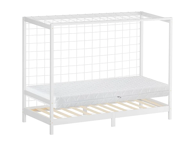 ML-Design Letto bambini 90x200 cm con materasso 16 cm a forma di porta da calcio, legno di pino bianco con rete a doghe, letto singolo ragazzi