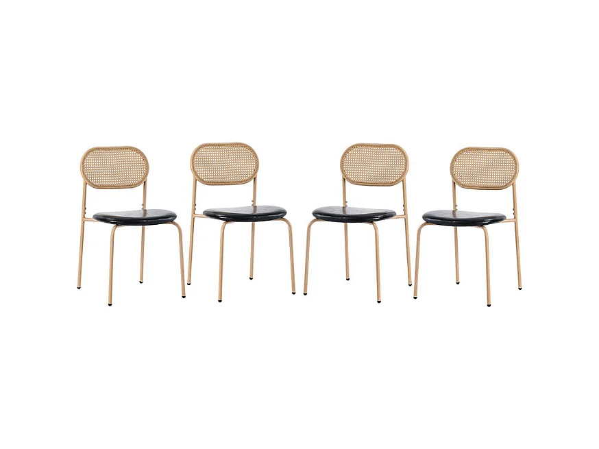 Lot de 4 Chaises en PU et rotin - pieds en métal - ergonomique - charge max 150kg - 46x48x80cm - Noir