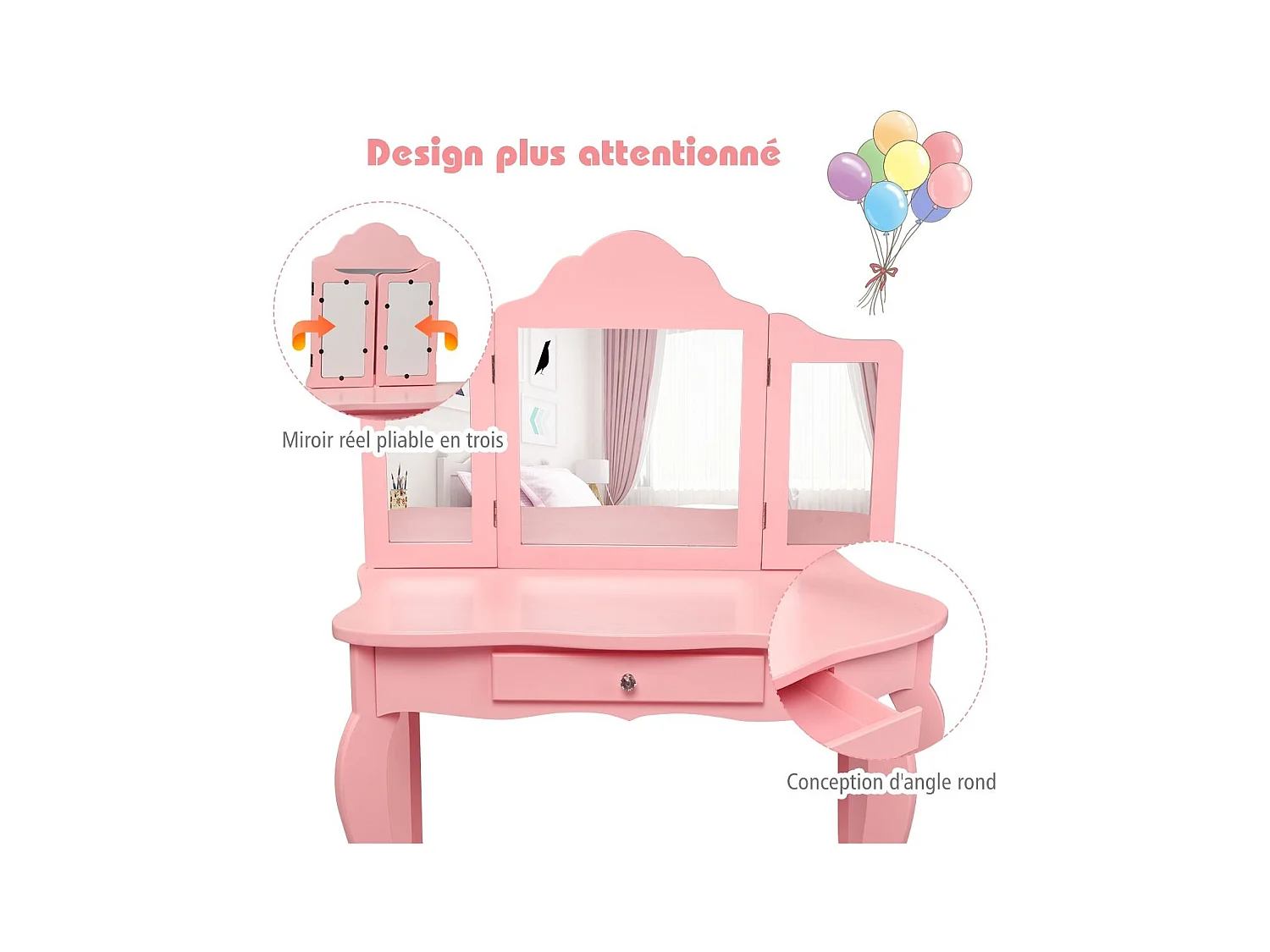 Coiffeuse pour enfant 3 effet bois 70 x 34 x 104 cm 20_0000477