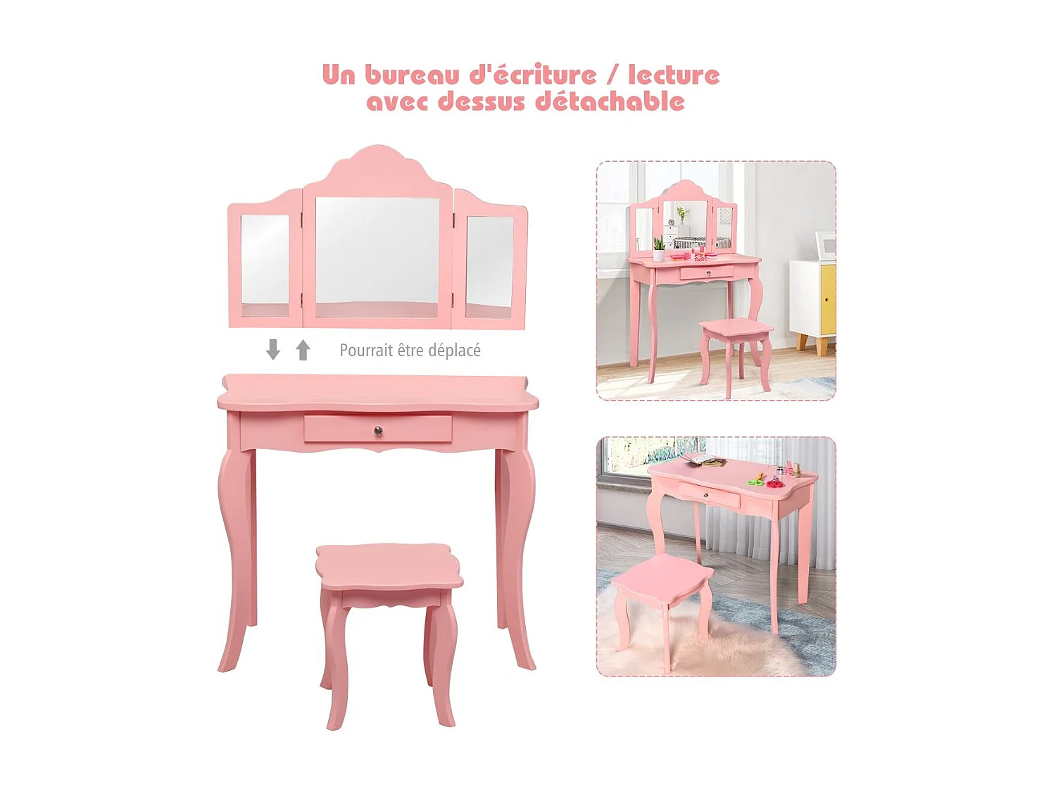 Coiffeuse pour enfant 3 effet bois 70 x 34 x 104 cm 20_0000477