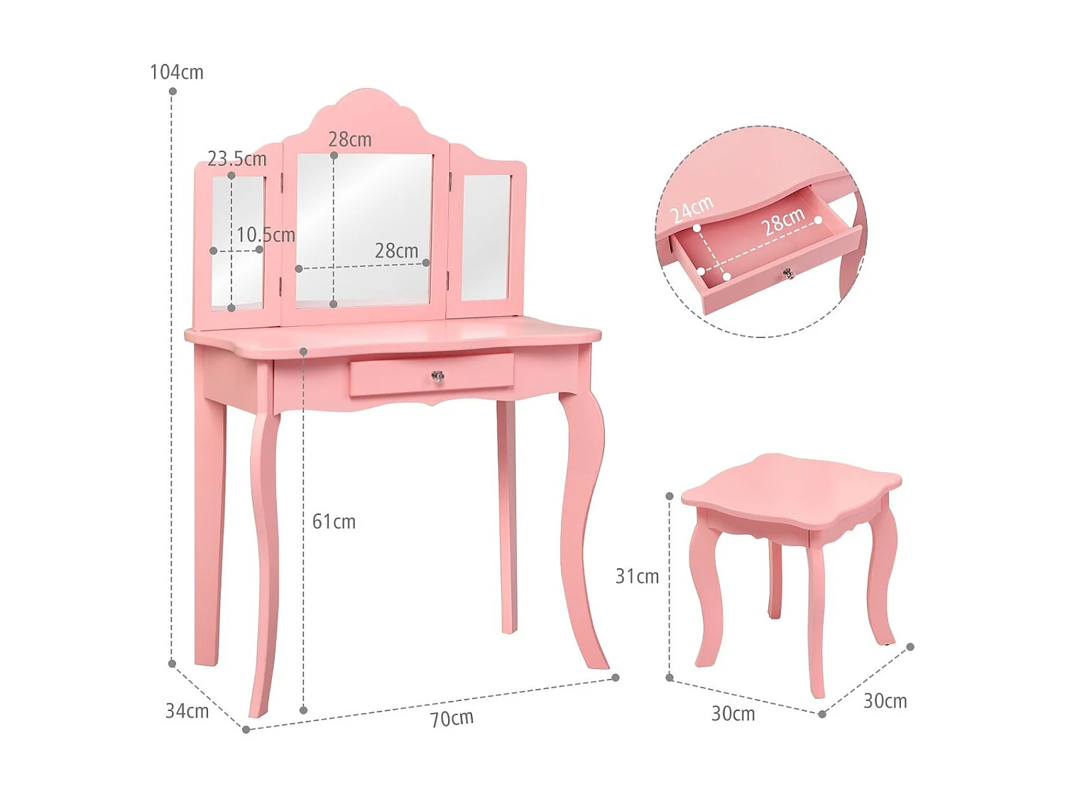 Coiffeuse pour enfant 3 effet bois 70 x 34 x 104 cm 20_0000477