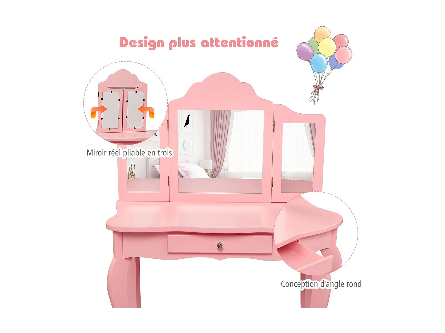 Coiffeuse pour enfant 3 effet bois 70 x 34 x 104 cm 20_0000477