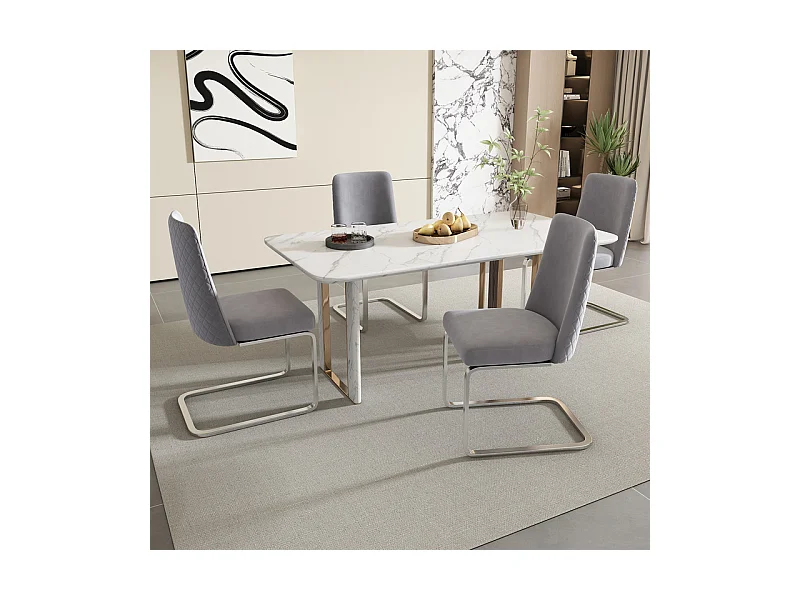 Lot de 4 chaises cantilever en velours et métal argenté, conception de diamant, charge max 150kg, 55x45x87cm, Gris
