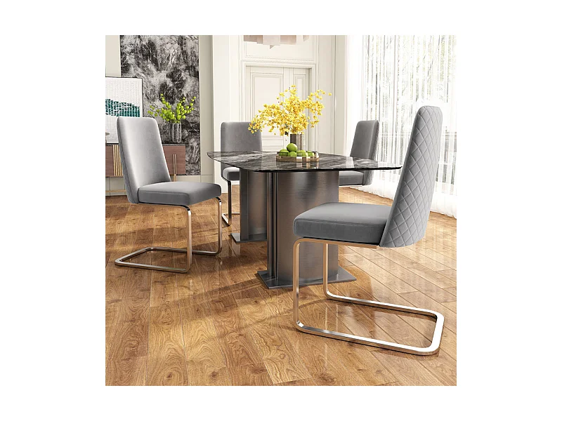 Lot de 4 chaises cantilever en velours et métal argenté, conception de diamant, charge max 150kg, 55x45x87cm, Gris