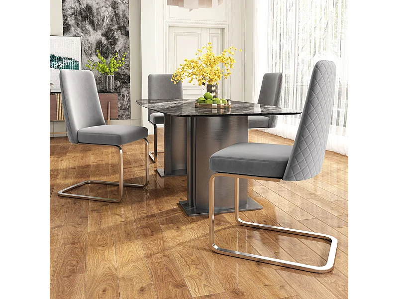 Lot de 4 chaises cantilever en velours et métal argenté, conception de diamant, charge max 150kg, 55x45x87cm, Gris