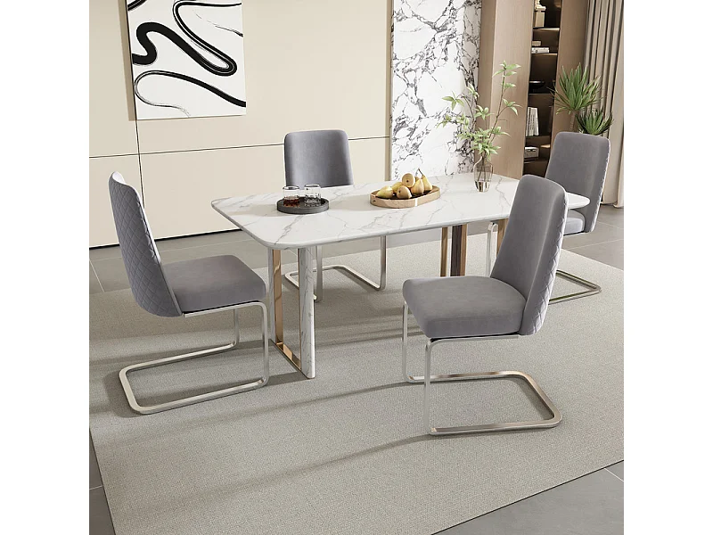 Lot de 4 chaises cantilever en velours et métal argenté, conception de diamant, charge max 150kg, 55x45x87cm, Gris