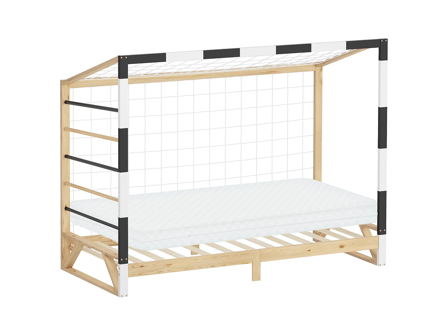 ML-Design Cama infantil 90x200cm madera + colchón 10cm, forma de portería de fútbol con escalera de trepar, cuna individual para niño con somier y red