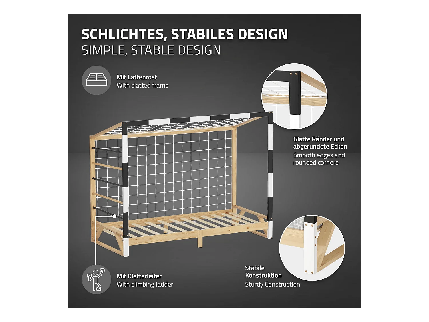 ML-Design Cama infantil 90x200cm madera + colchón 10cm, forma de portería de fútbol con escalera de trepar, cuna individual para niño con somier y red