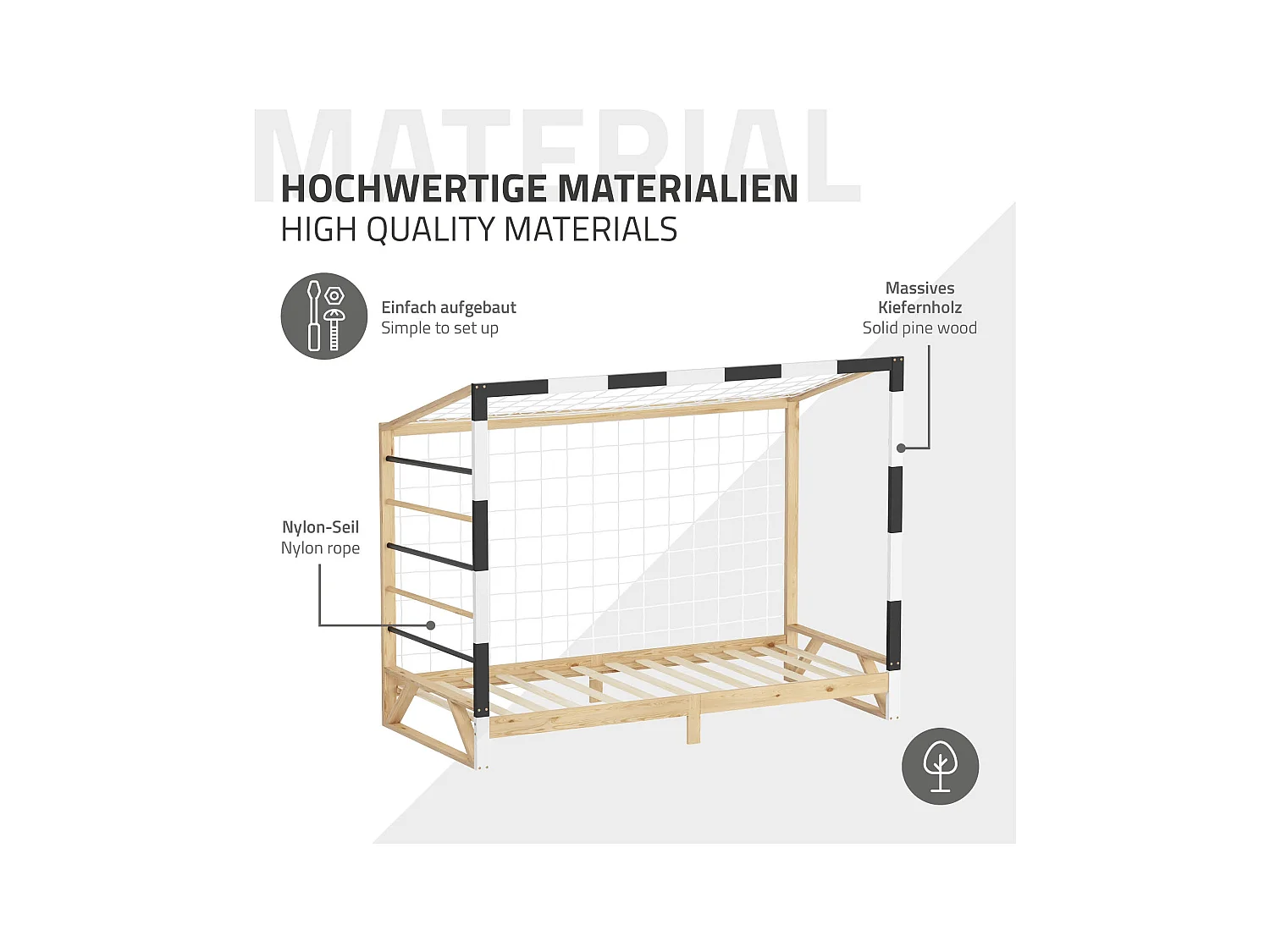 ML-Design Cama infantil 90x200cm madera + colchón 10cm, forma de portería de fútbol con escalera de trepar, cuna individual para niño con somier y red