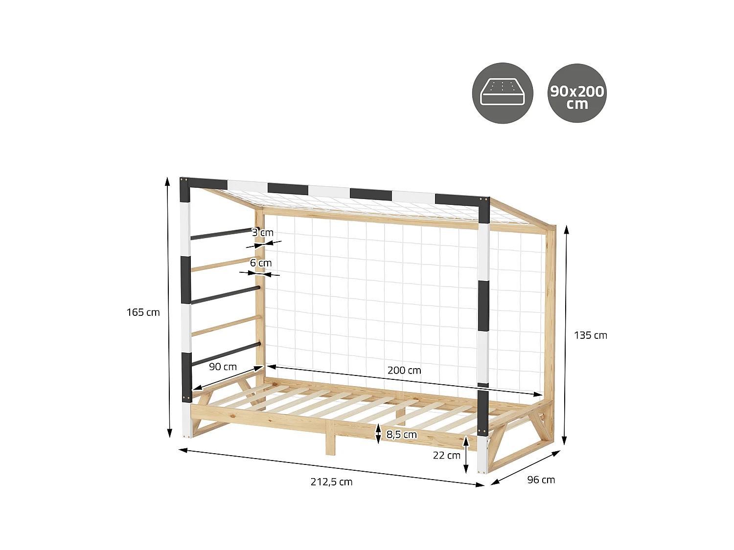 ML-Design Cama infantil 90x200cm madera + colchón 10cm, forma de portería de fútbol con escalera de trepar, cuna individual para niño con somier y red