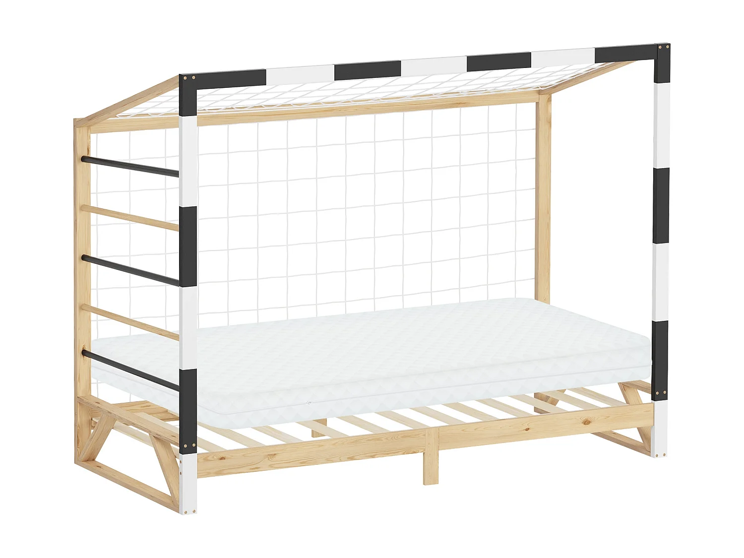 ML-Design Letto per bambini 90x200 cm a forma di porta da calcio con materasso 10 cm, rete a doghe e scala in legno di pino, lettino per cameretta
