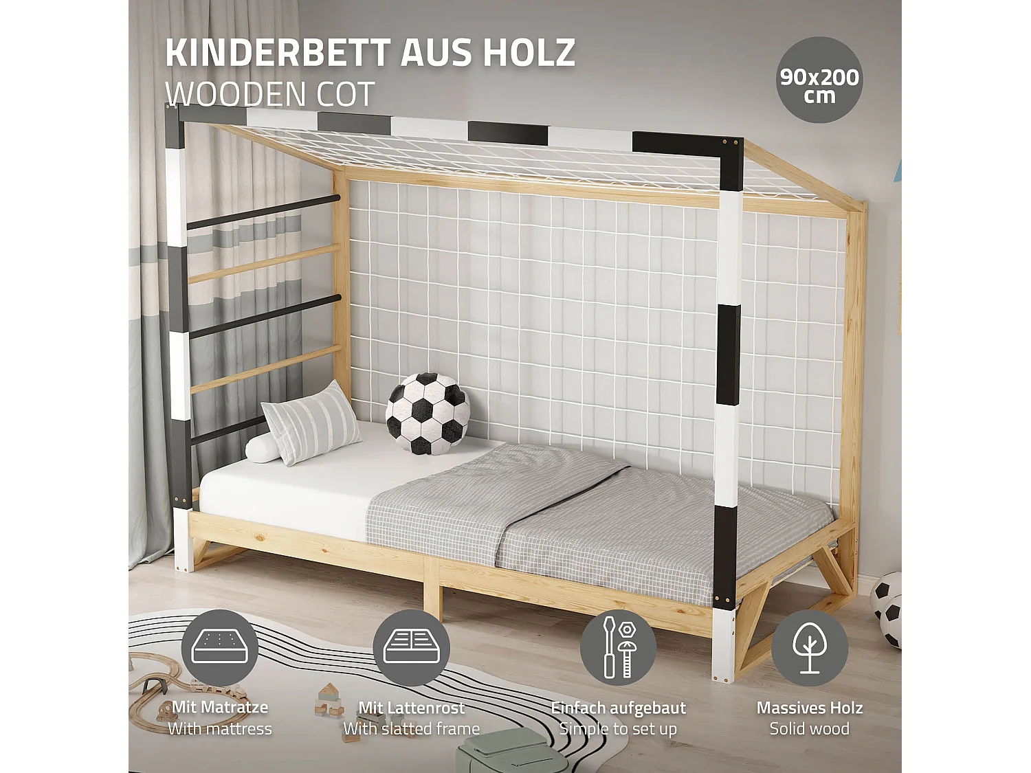 Lit d'enfant 90x200 cm avec matelas H10 cm en mousse cadre blanc noir en bois design football pin massif robuste avec sommier à lattes et filet de but