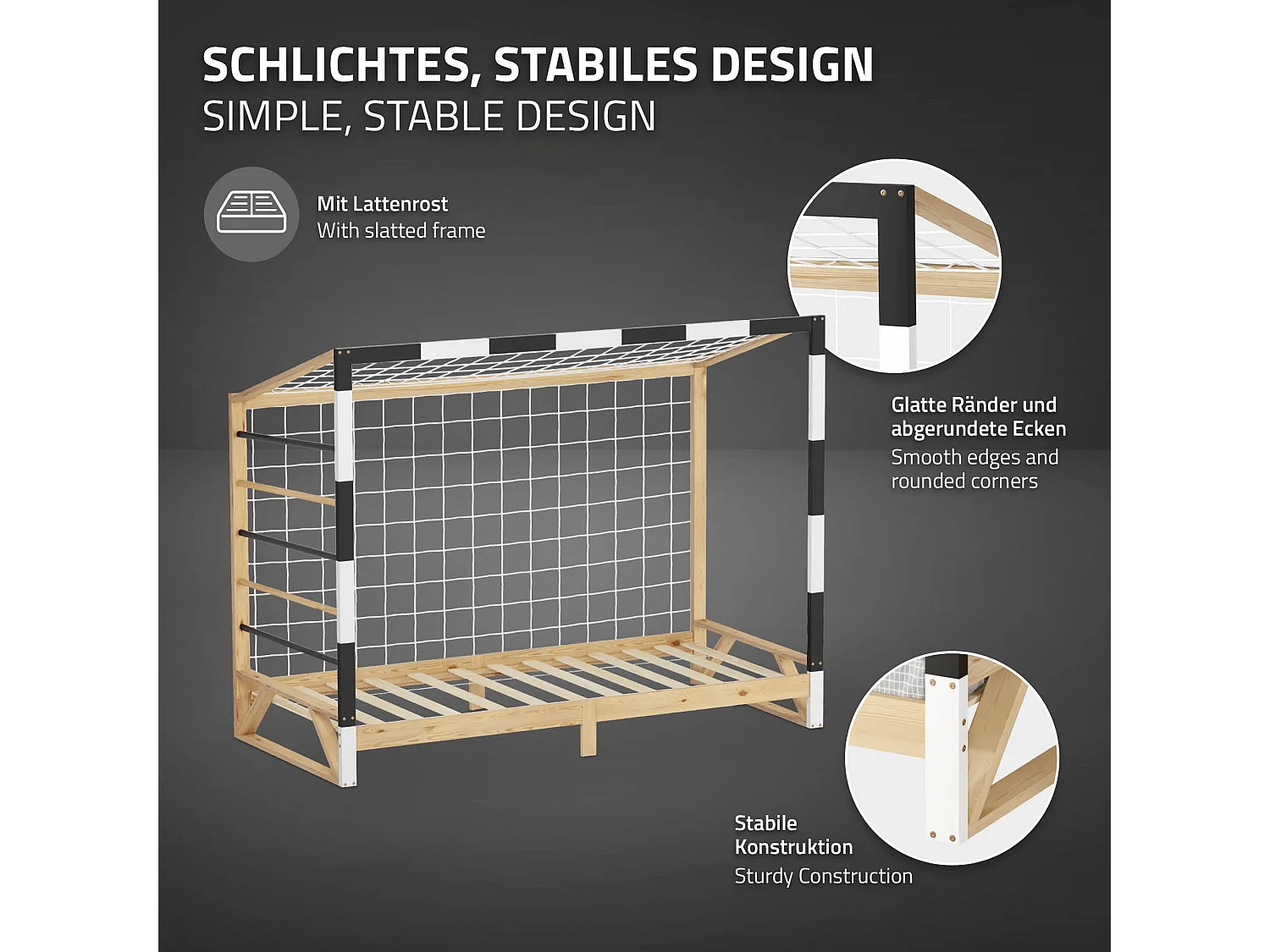 Lit d'enfant 90x200 cm avec matelas H10 cm en mousse cadre blanc noir en bois design football pin massif robuste avec sommier à lattes et filet de but