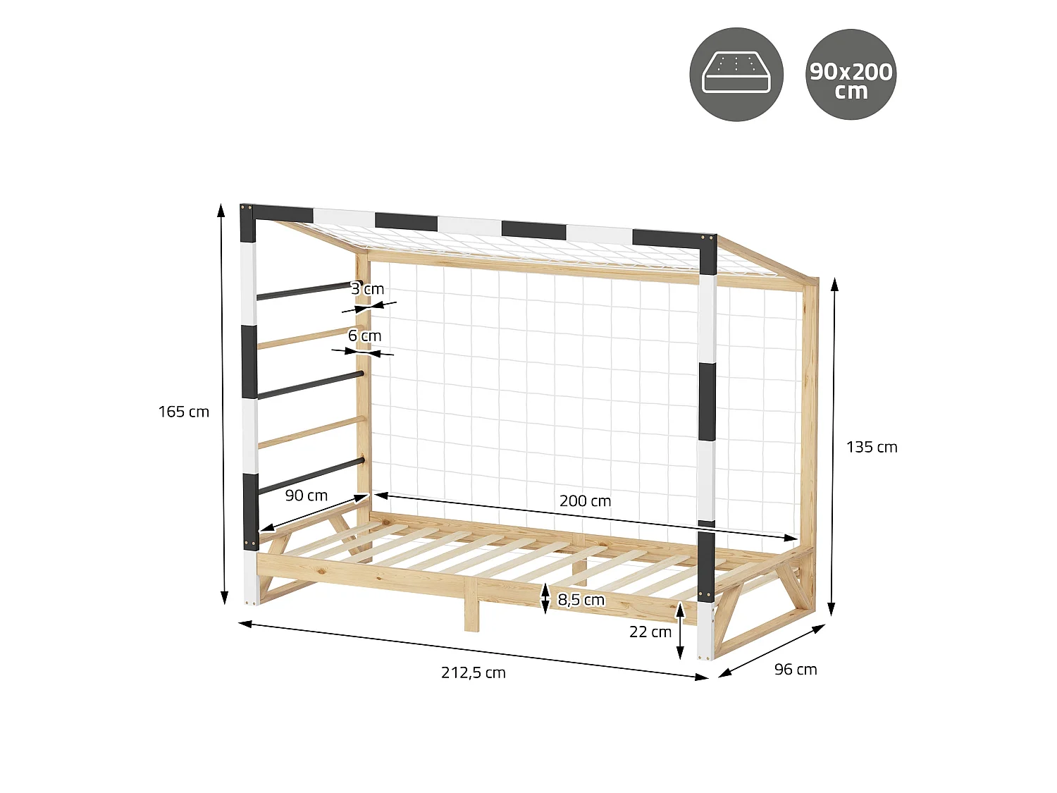Lit d'enfant 90x200 cm avec matelas H10 cm en mousse cadre blanc noir en bois design football pin massif robuste avec sommier à lattes et filet de but