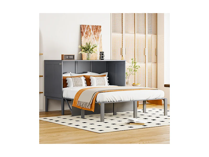 Lit escamotable 140 x 200 cm - avec cadre à latte - bois - charge max 200kg - Gris