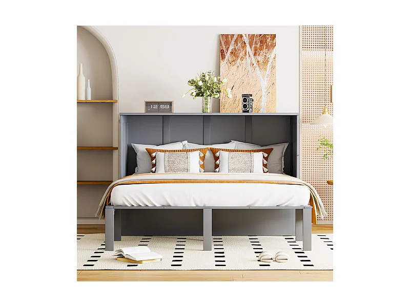 Lit escamotable 140 x 200 cm - avec cadre à latte - bois - charge max 200kg - Gris