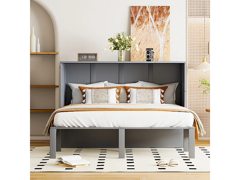 Lit escamotable 140 x 200 cm - avec cadre à latte - bois - charge max 200kg - Gris