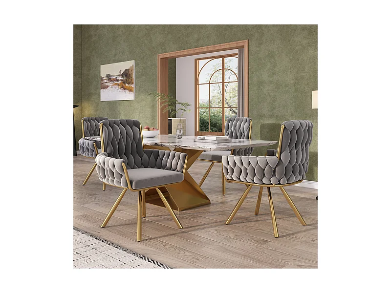 4Pcs Chaise pivotante en velours, avec accoudoirs et pieds en métal, dossier spacieux, Gris, 63x50x87cm