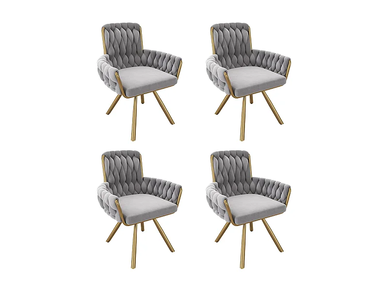 4 draaibare fluwelen stoelen - Met armleuningen en metalen poten - Ruime rugleuning - Grijs - 63x50x87 cm