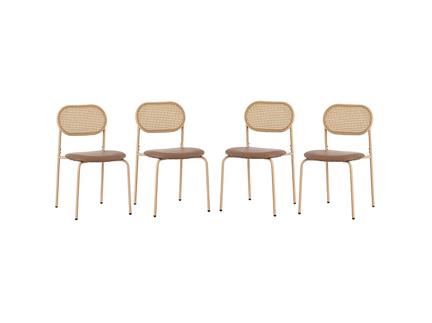 Lot de 6 Chaises en PU et rotin - pieds en métal - ergonomique - charge max 150kg - 46x48x80cm - Marron
