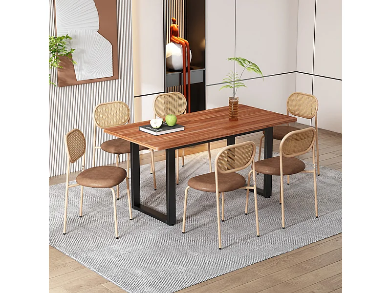 Lot de 6 Chaises en PU et rotin - pieds en métal - ergonomique - charge max 150kg - 46x48x80cm - Marron