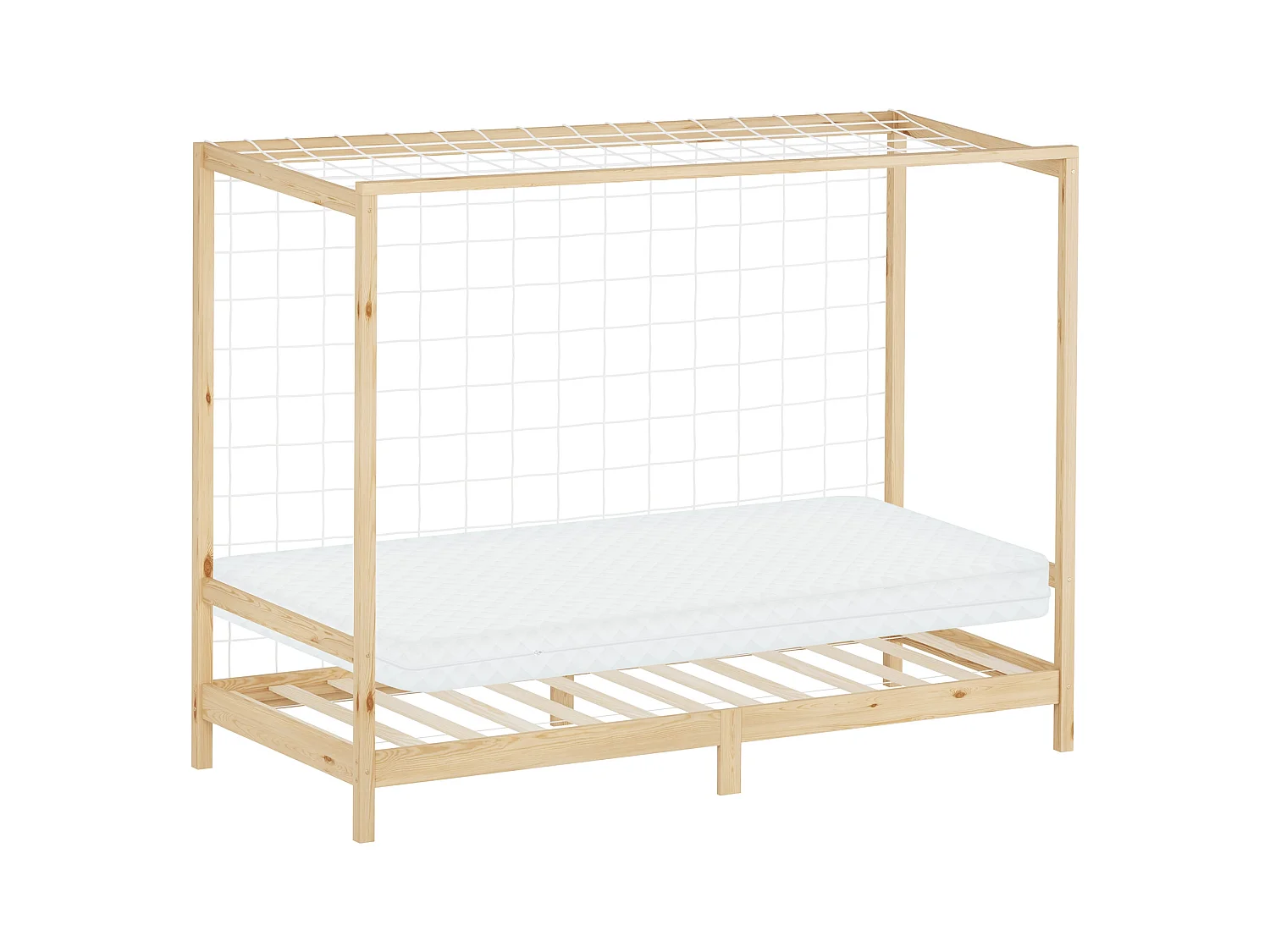 Lit d'enfant 90x200 cm avec matelas H10 cm en mousse cadre naturel en bois design football pin massif robuste avec sommier à lattes et filet de but