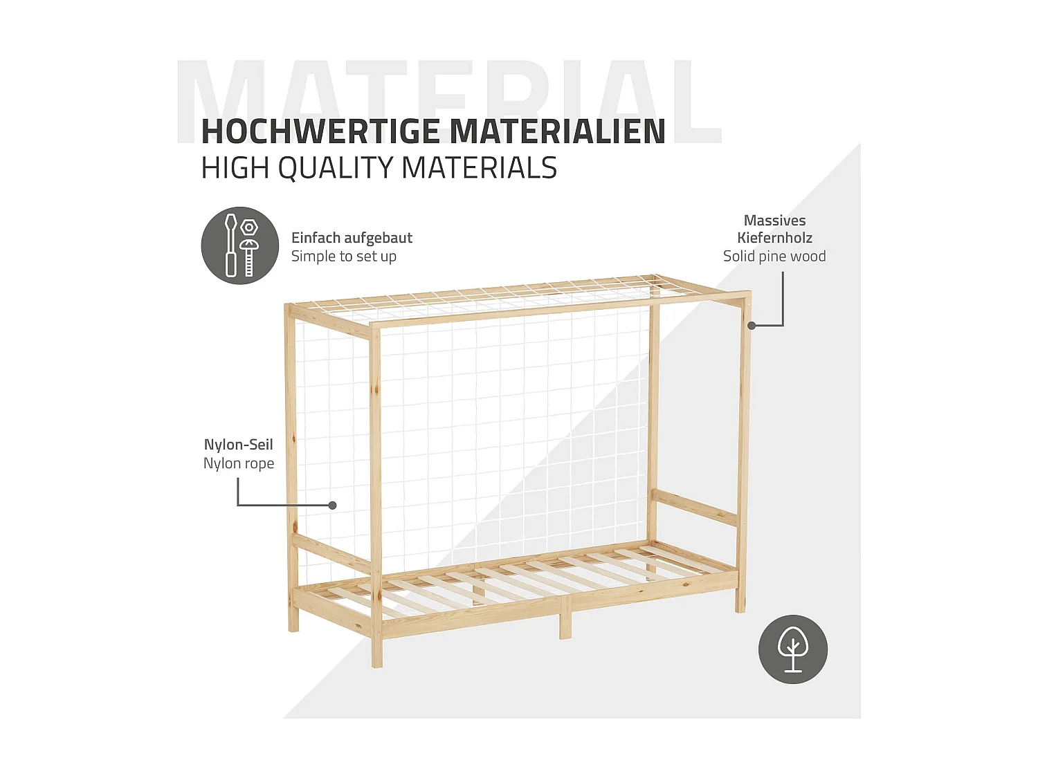 Lit d'enfant 90x200 cm avec matelas H10 cm en mousse cadre naturel en bois design football pin massif robuste avec sommier à lattes et filet de but