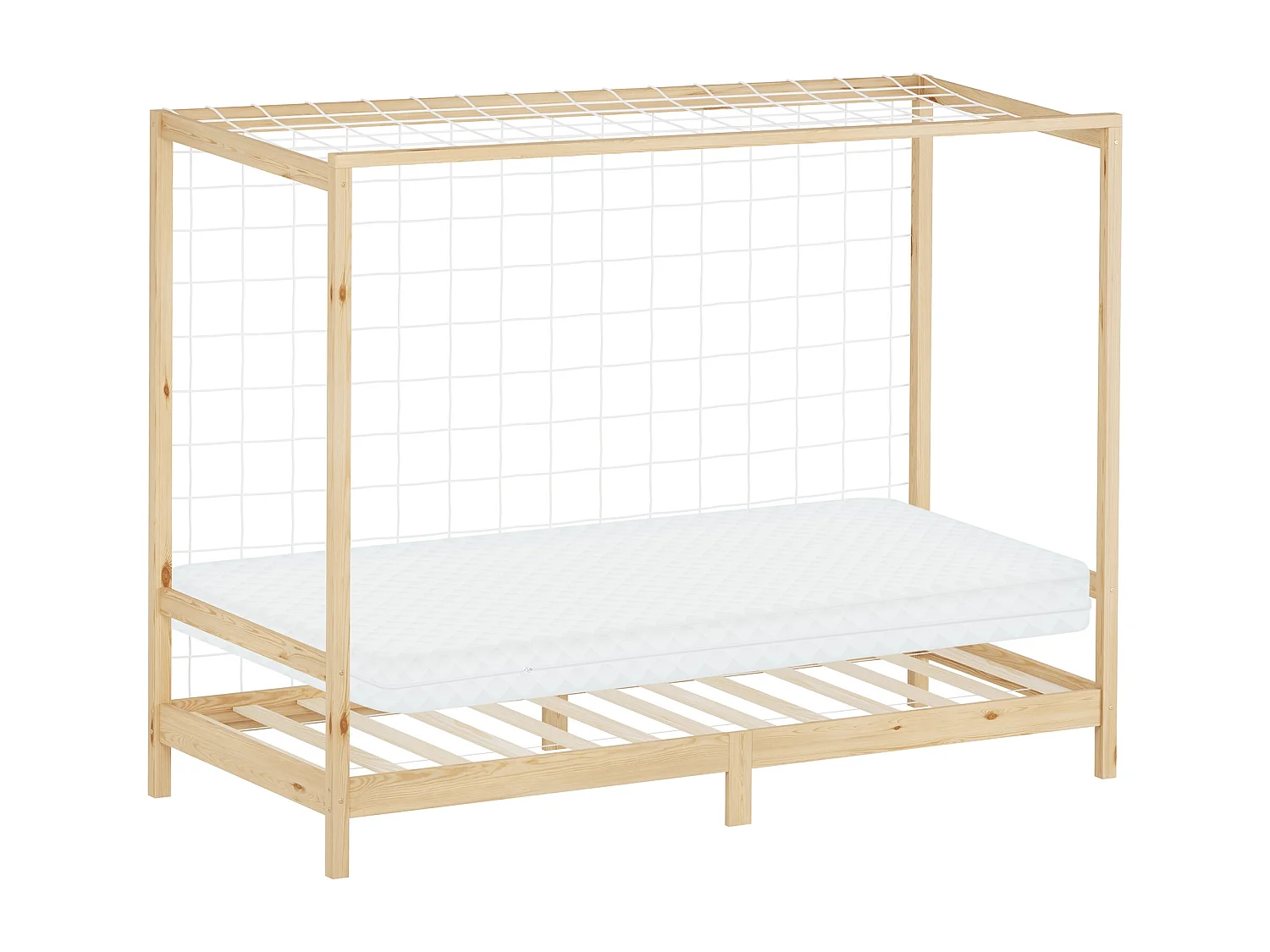 Lit d'enfant 90x200 cm avec matelas H10 cm en mousse cadre naturel en bois design football pin massif robuste avec sommier à lattes et filet de but