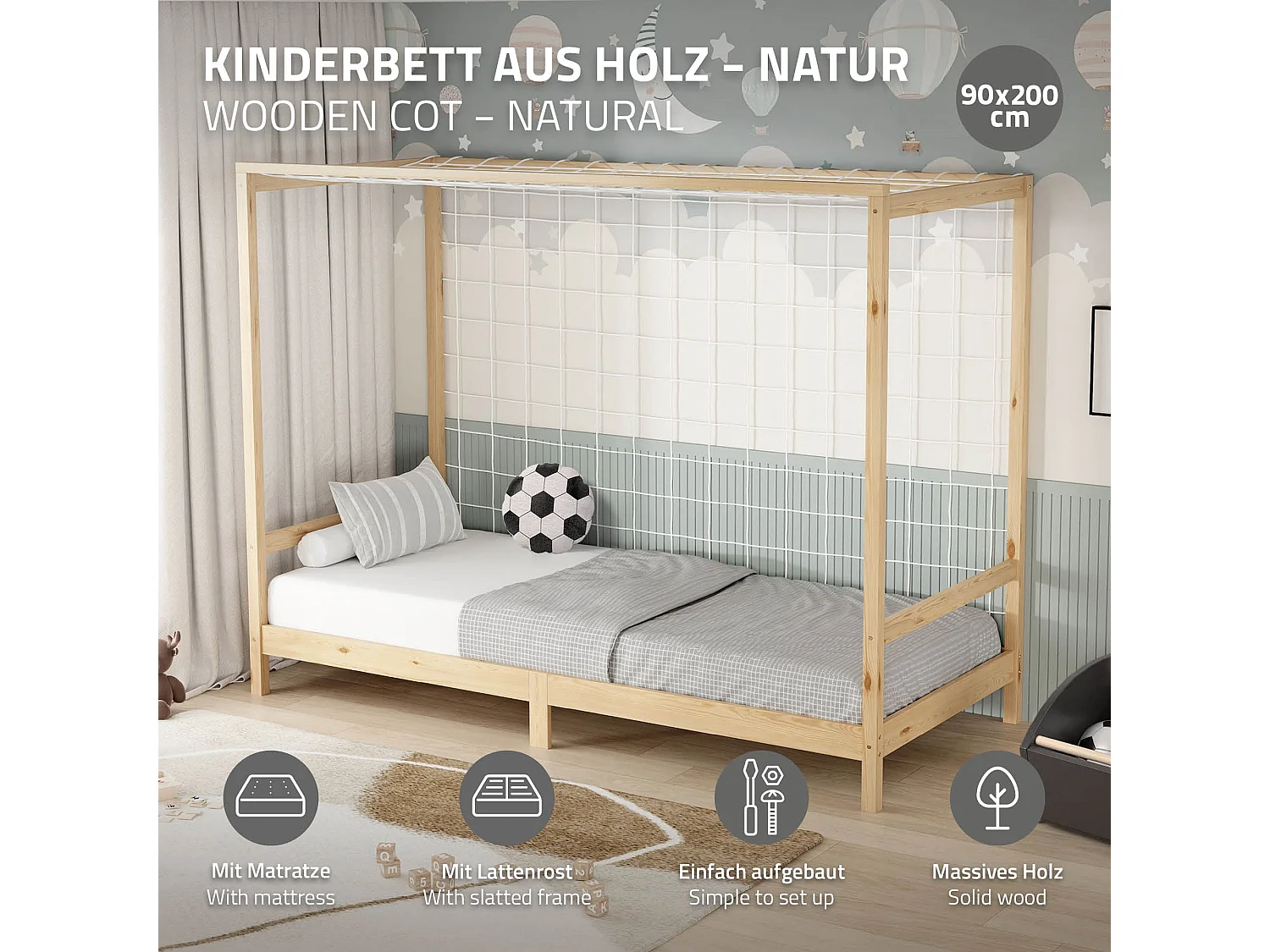 Lit d'enfant 90x200 cm avec matelas H10 cm en mousse cadre naturel en bois design football pin massif robuste avec sommier à lattes et filet de but