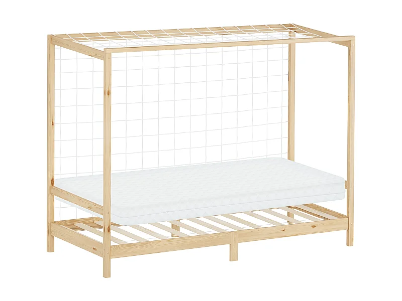 Lit d'enfant 90x200 cm avec matelas H10 cm en mousse cadre naturel en bois design football pin massif robuste avec sommier à lattes et filet de but