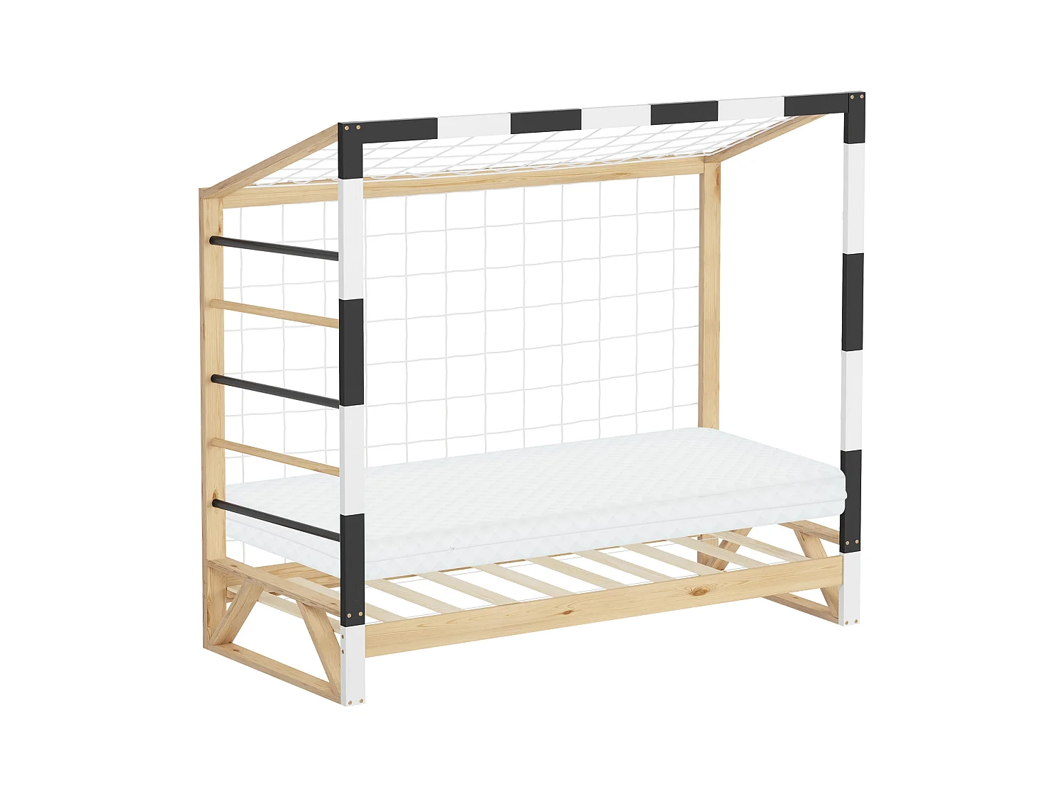 Lit d'enfant 80x160 cm avec matelas H10 cm en mousse cadre blanc noir en bois design football pin massif robuste avec sommier à lattes et filet de but