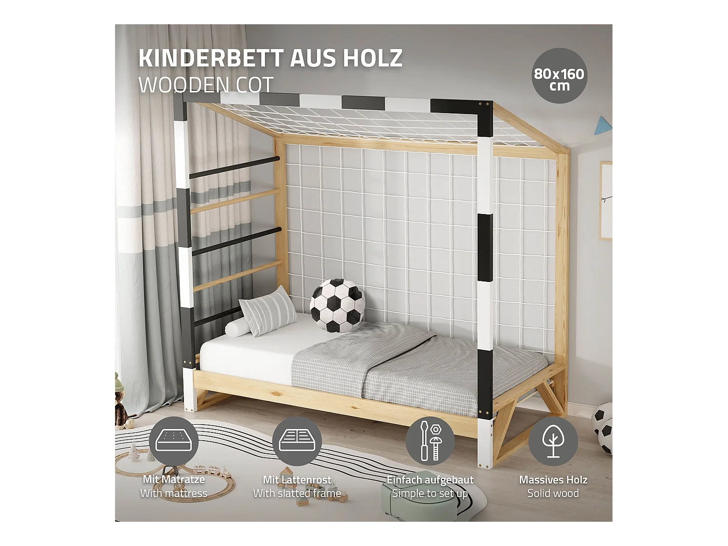 Lit d'enfant 80x160 cm avec matelas H10 cm en mousse cadre blanc noir en bois design football pin massif robuste avec sommier à lattes et filet de but